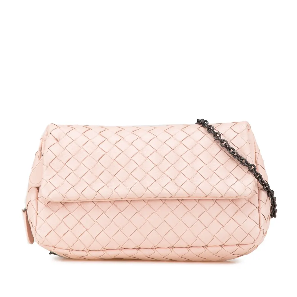 Bottega Veneta Leather Intrecciato Chain Flap Crossbody Pink Leather Very good - Front View