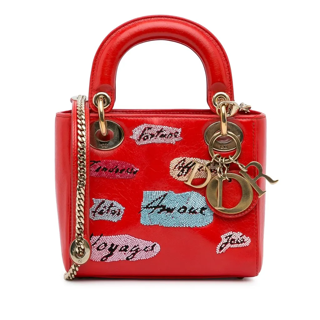 Dior Mini Calfskin Sequin Embellished Lady Dior Red Leather Very good - Front View