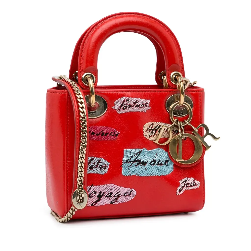 Dior Mini Calfskin Sequin Embellished Lady Dior Red Leather Very good - Back View