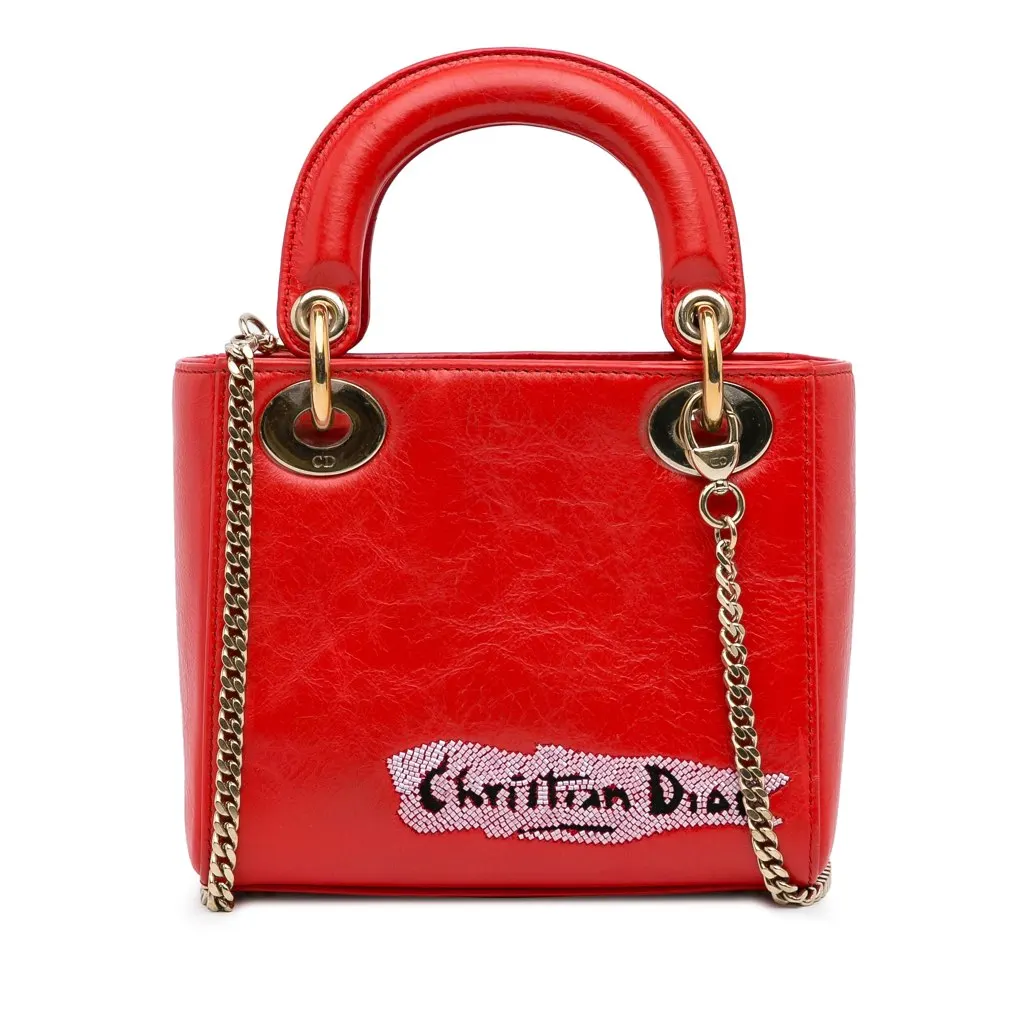 Dior Mini Calfskin Sequin Embellished Lady Dior Red Leather Very good - Inside View