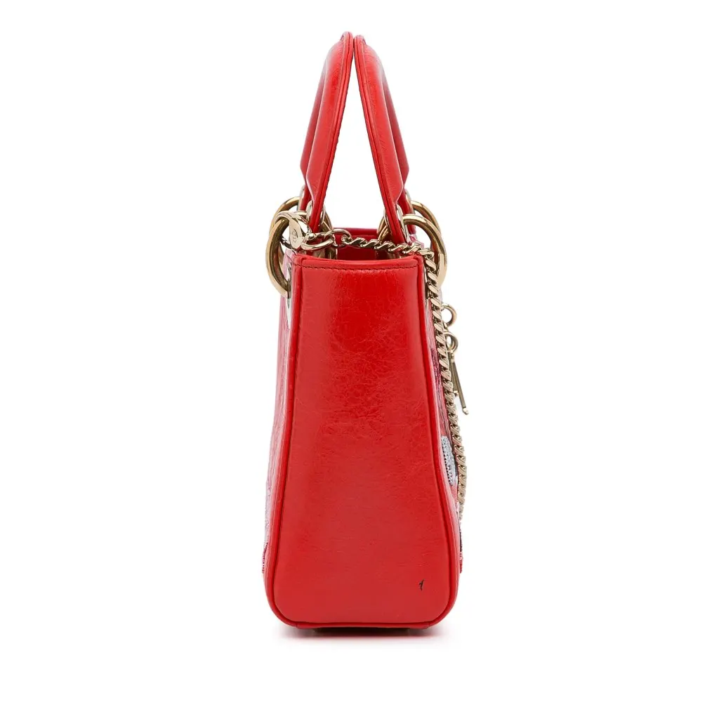 Dior Mini Calfskin Sequin Embellished Lady Dior Red Leather Very good - Model View