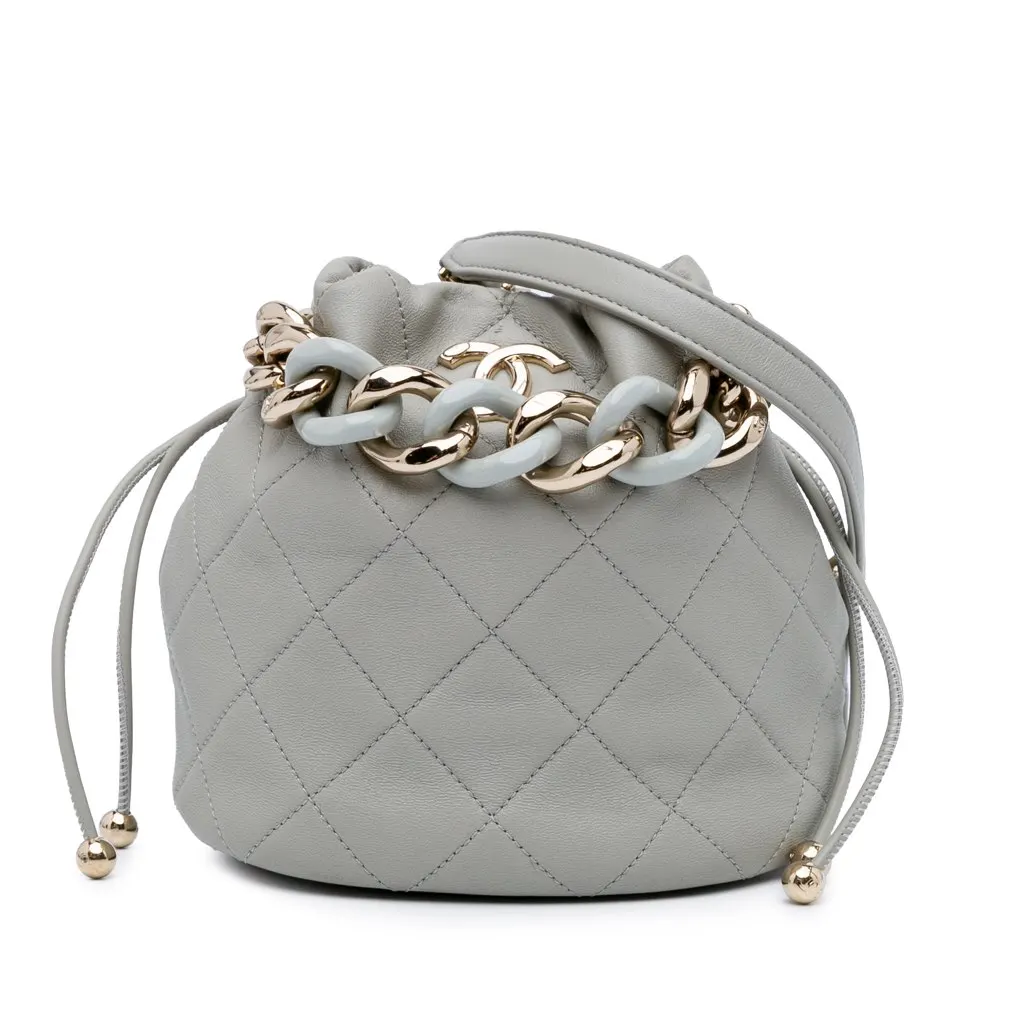 Chanel CC Quilted Calfskin Resin Bi-Color Chain Bucket Bag Grey Leather Very good - Front View