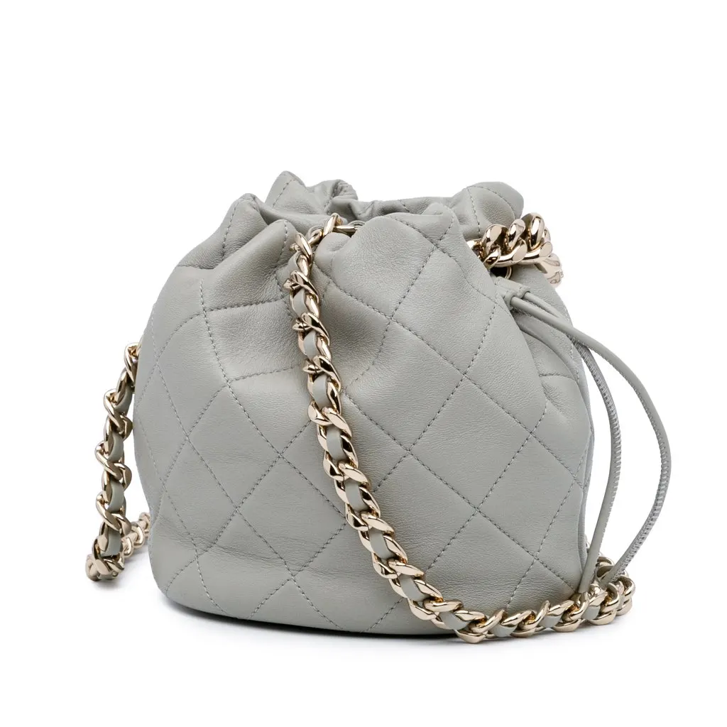 Chanel CC Quilted Calfskin Resin Bi-Color Chain Bucket Bag Grey Leather Very good - Back View