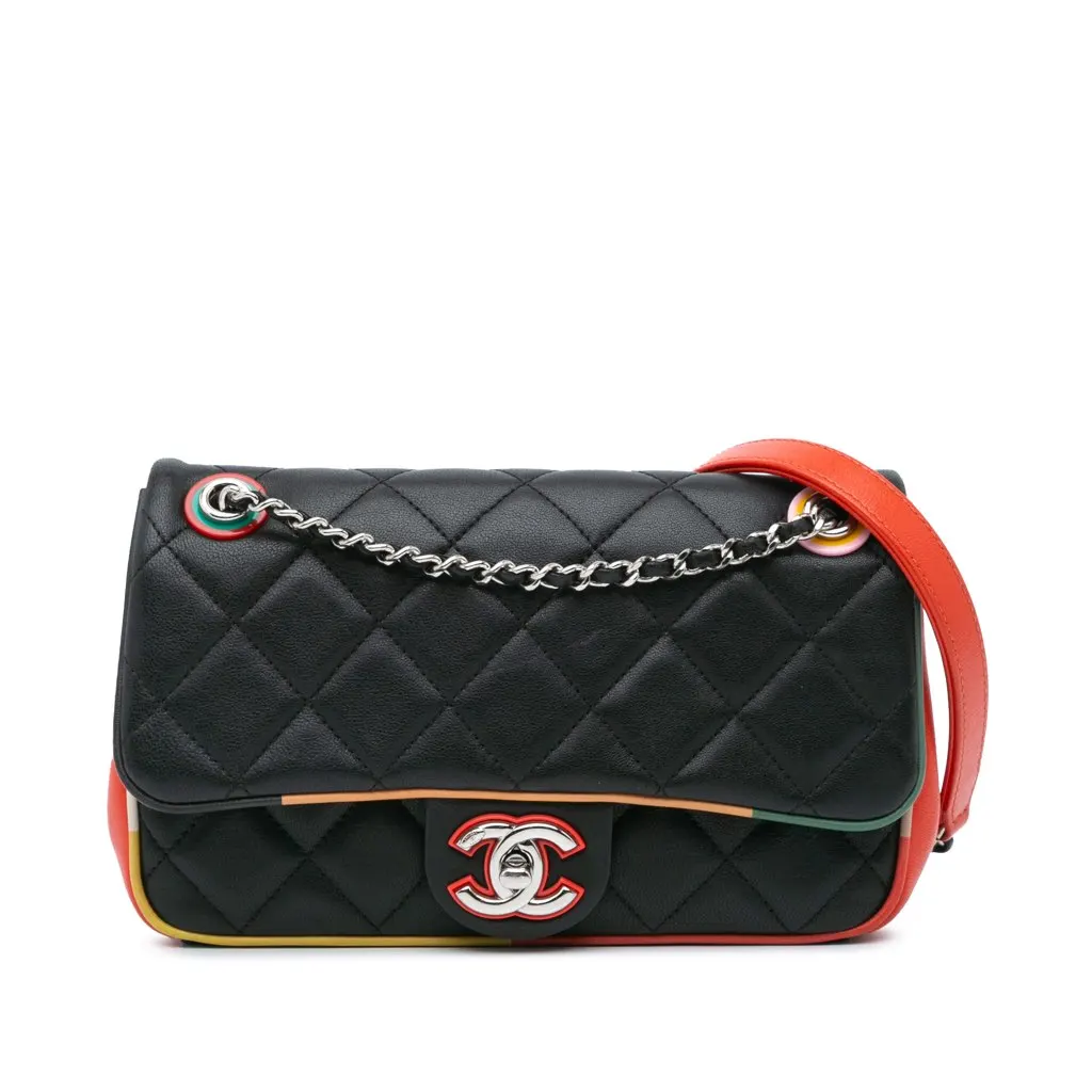 Chanel Small Quilted Lambskin Acrylic Cuba Color Flap Black Leather Good - Front View