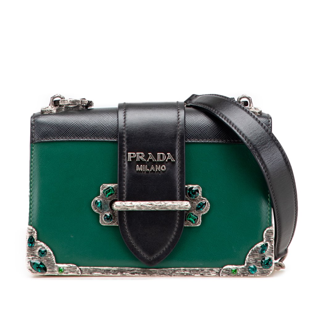 Prada Saffiano Trimmed City Calf Crystal Cahier Crossbody