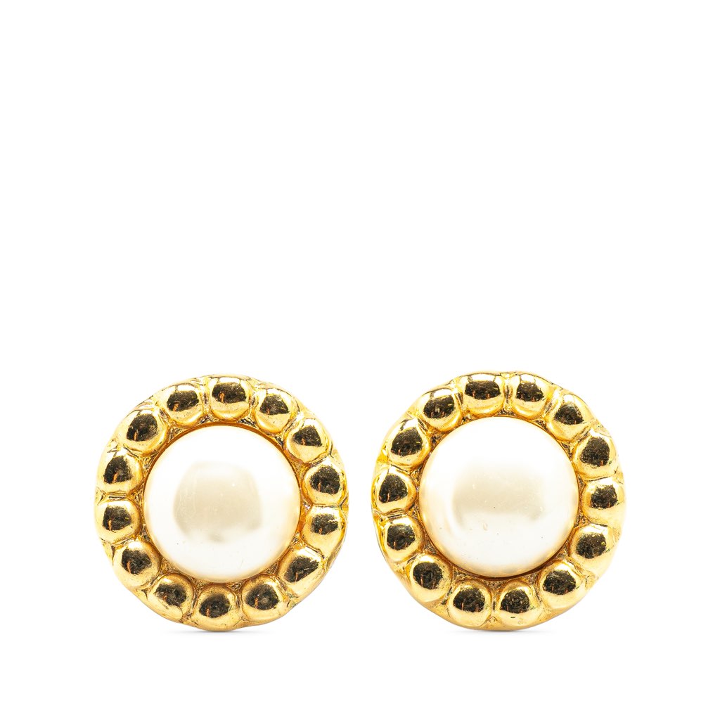 Chanel Gold Plated Faux Pearl Round Clip on Earrings