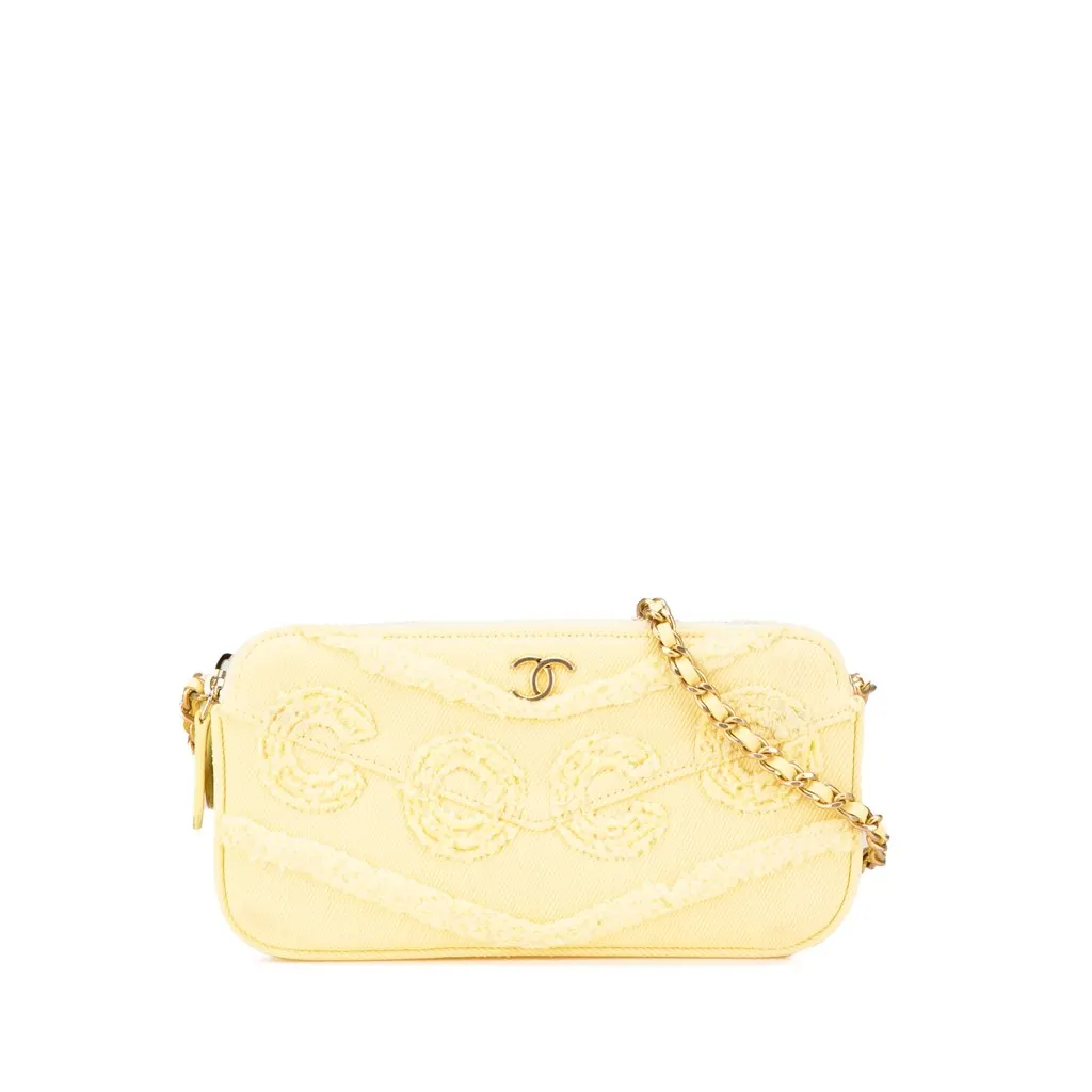 Chanel Denim Coco Fringe Double Zip Clutch with Chain Yellow Denim Good - Front View