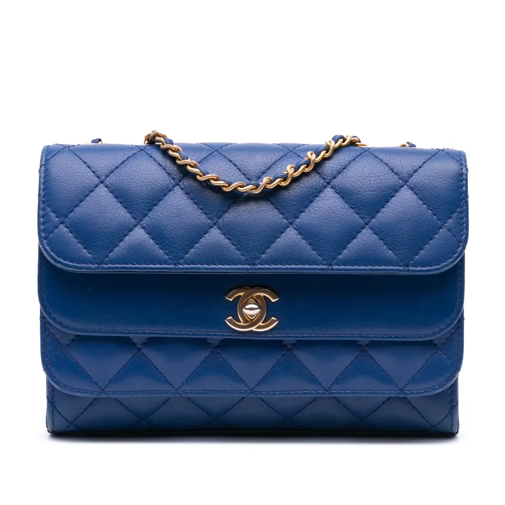 Chanel CC Quilted Calfskin Triple Flap Blue Leather Good - Front View