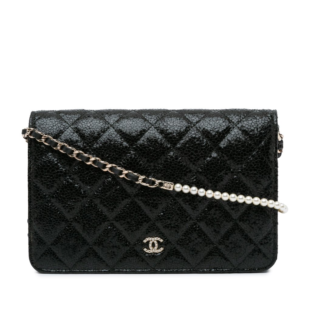 Chanel Quilted Crackled Patent Pearl Strap Wallet On Chain