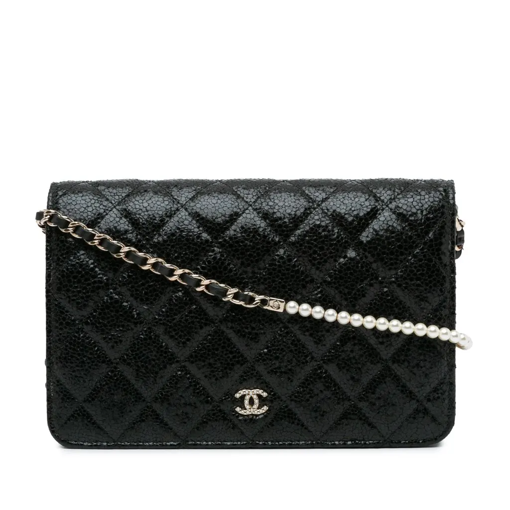 Chanel Quilted Crackled Patent Pearl Strap Wallet On Chain Black Leather Good - Front View