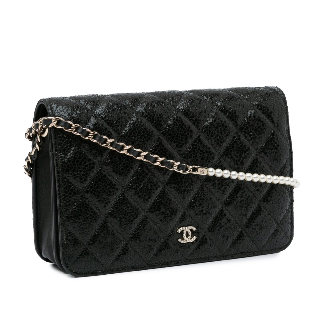 Chanel Quilted Crackled Patent Pearl Strap Wallet On Chain - 2