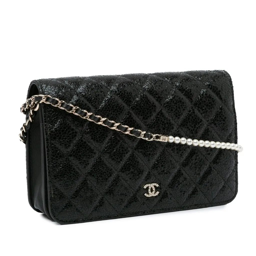 Chanel Quilted Crackled Patent Pearl Strap Wallet On Chain Black Leather Good - Back View