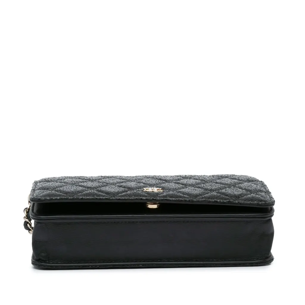 Chanel Quilted Crackled Patent Pearl Strap Wallet On Chain Black Leather Good - Model View