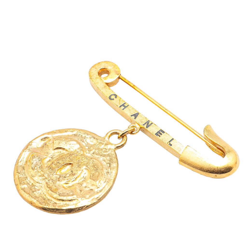 Chanel Gold Plated CC Medallion Safety Pin Brooch - 2