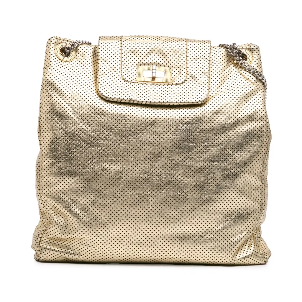 Chanel Perforated Crackled Metallic Calfskin Drill Tote Gold Leather Very good - Front View