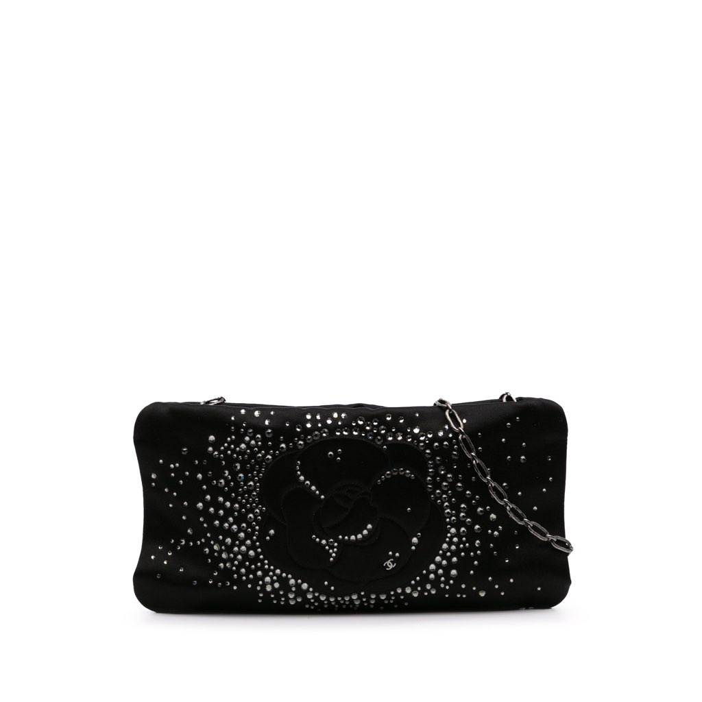 Chanel Satin Diamante Camellia Clutch with Chain