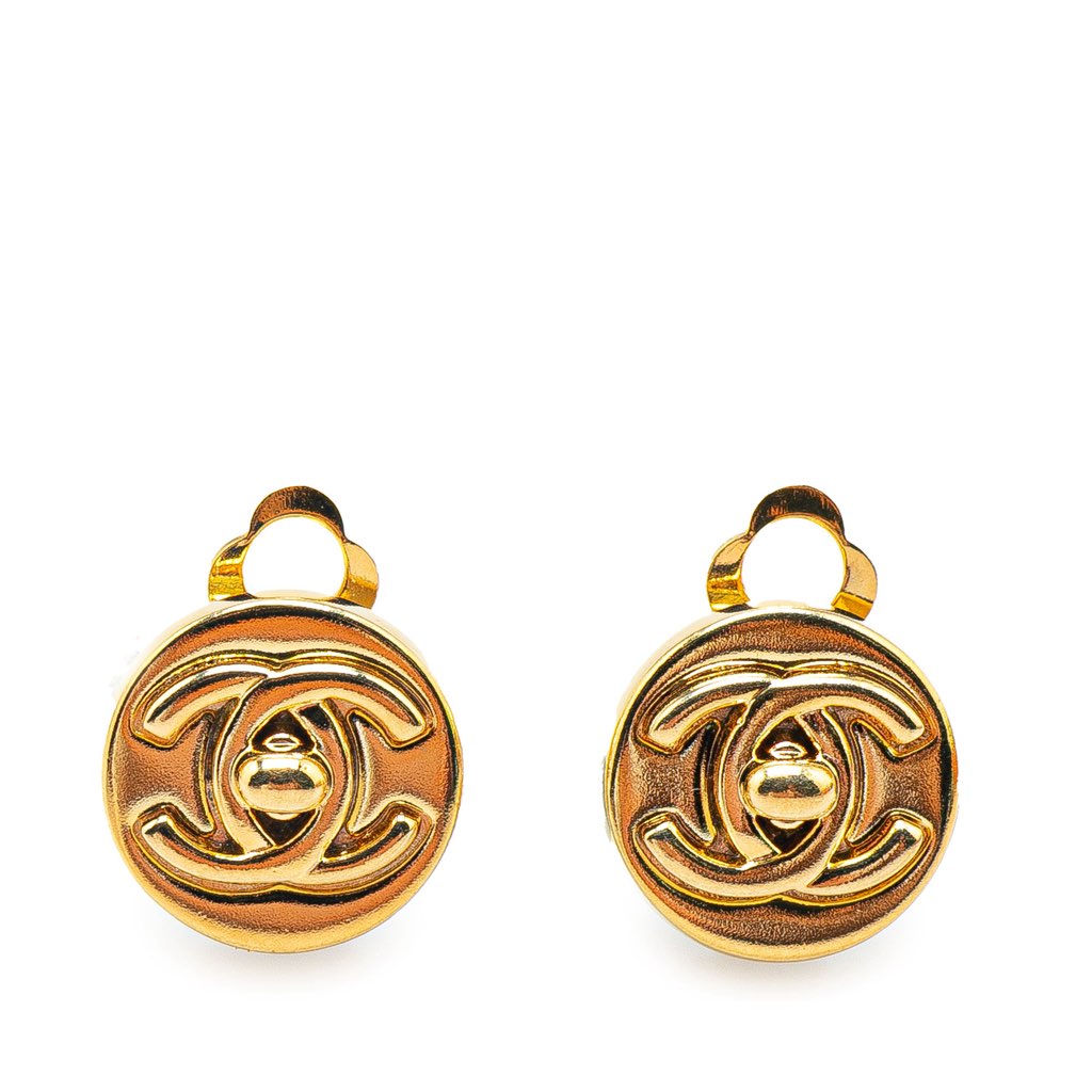Chanel Gold Plated Mini CC Turnlock Round Clip On Earrings