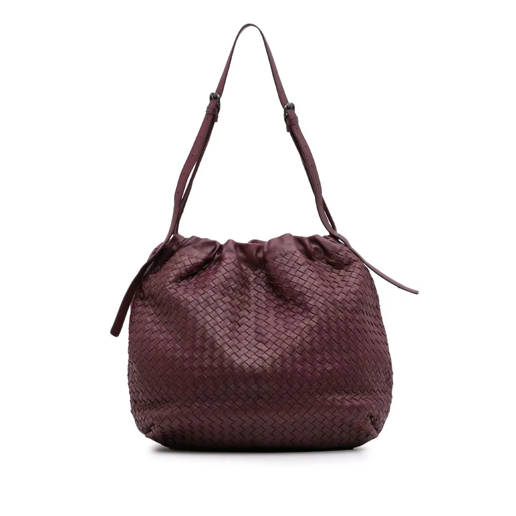 Bottega Veneta Nappa Intrecciato Drawstring Shoulder Bag Red Leather Good - Front View