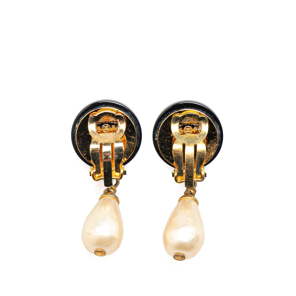 Chanel Gold Plated CC Faux Pearl Swing Clip On Earrings - 2