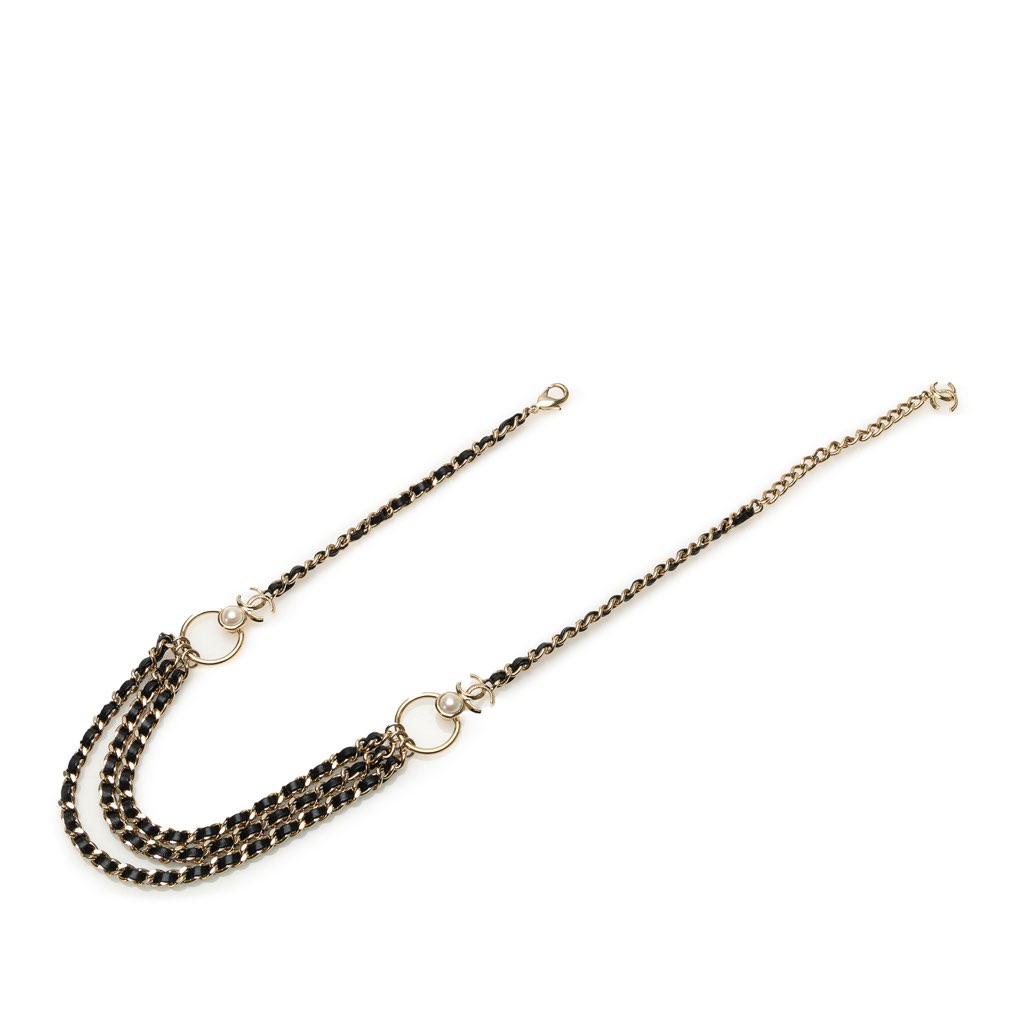 Chanel Gold Plated CC Pearl Leather Woven Triple Chain Belt