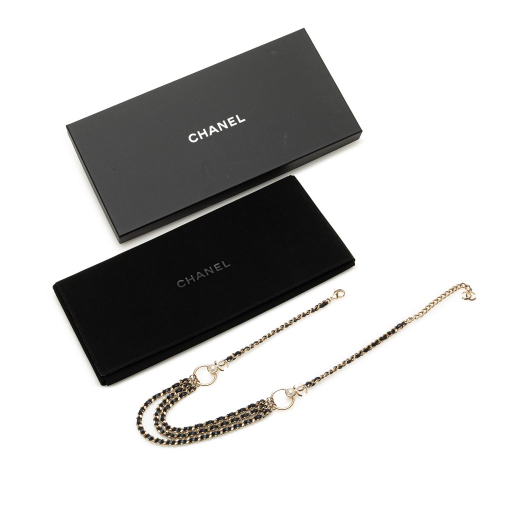 Chanel Gold Plated CC Pearl Leather Woven Triple Chain Belt - 5
