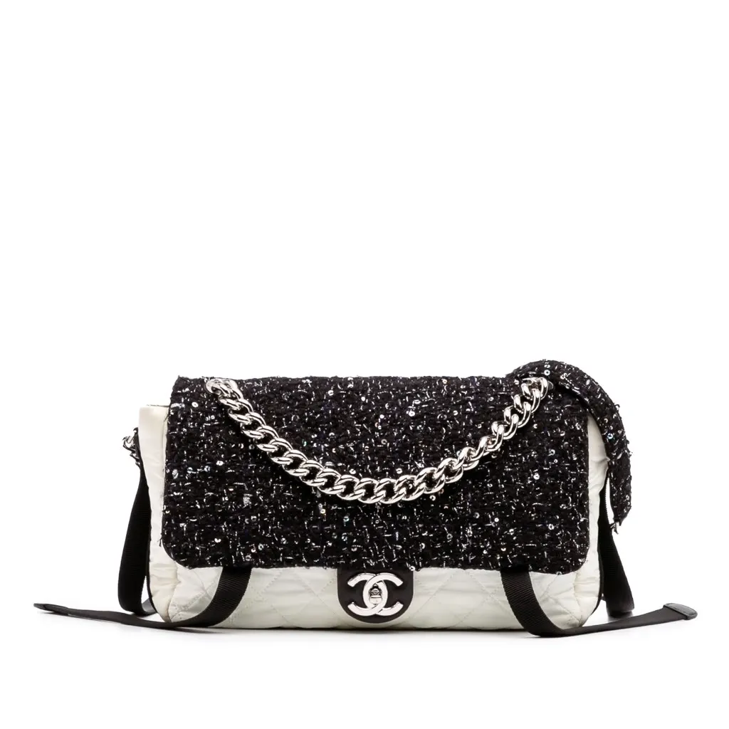 Chanel Bicolor Tweed and Nylon Astronaut Essentials Flap Black Tweed Good - Front View