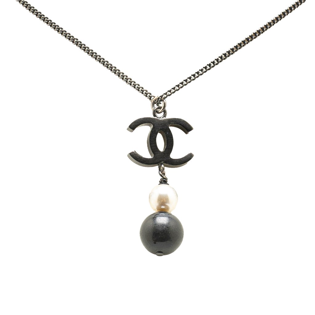 Chanel Silver CC Faux Pearl Pendant Necklace