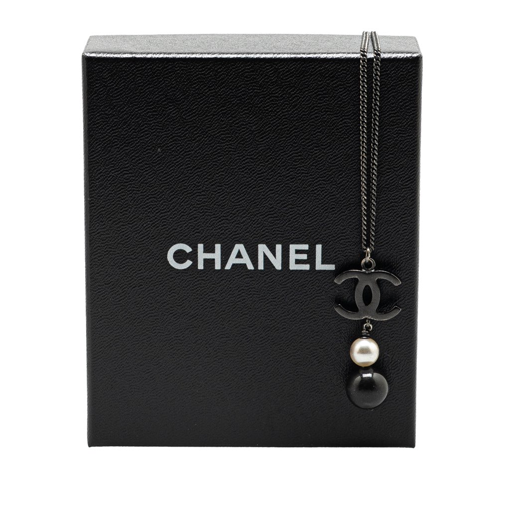 Chanel Silver CC Faux Pearl Pendant Necklace - Side view