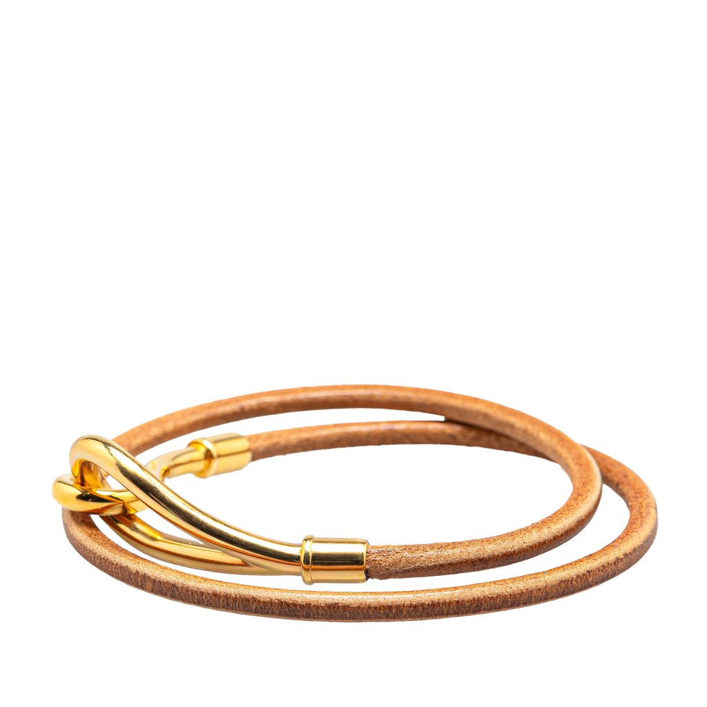Hermès Gold Plated and Leather Jumbo Hook Double Tour Bracelet - 2