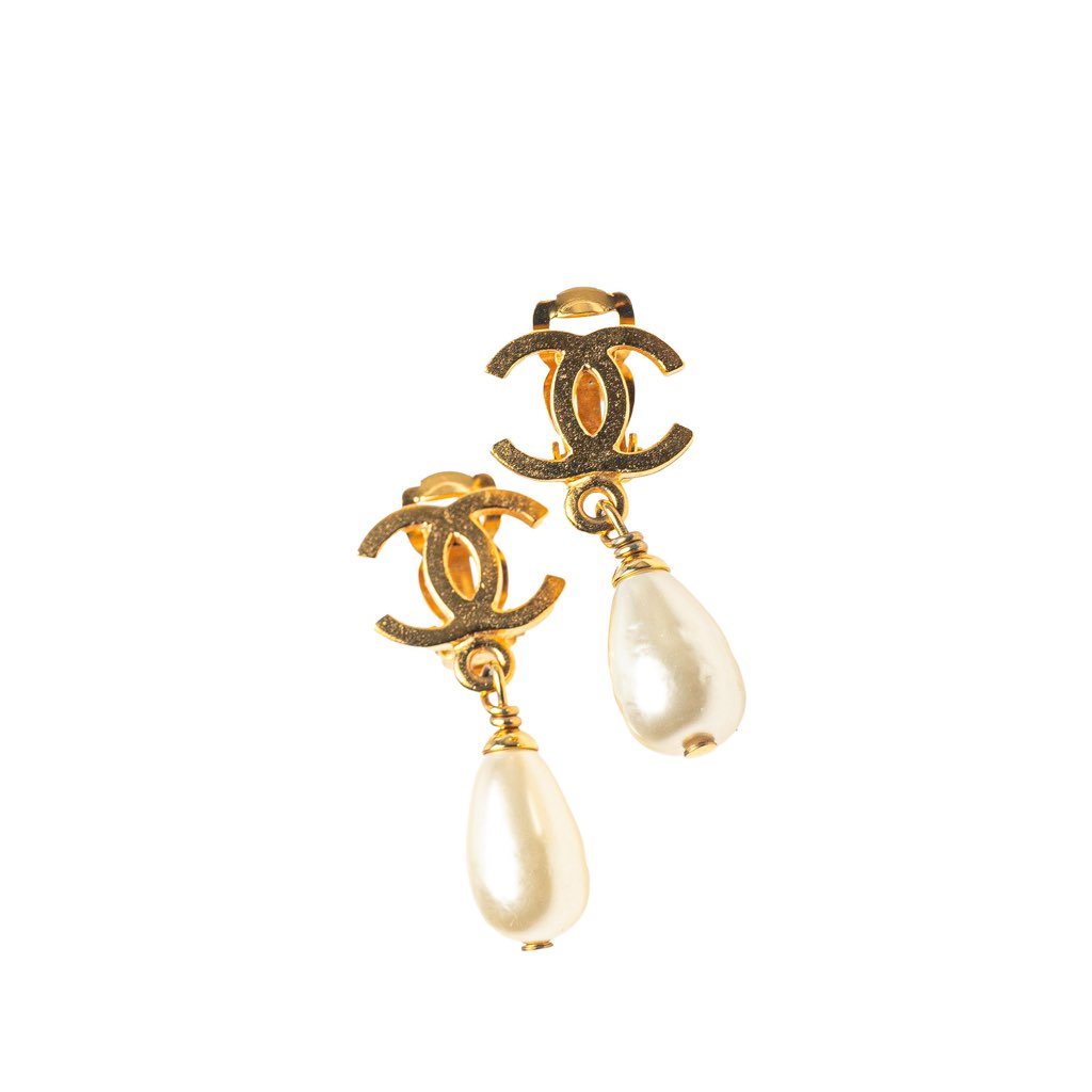 Chanel Gold Plated CC Faux Pearl Drop Clip on Earrings