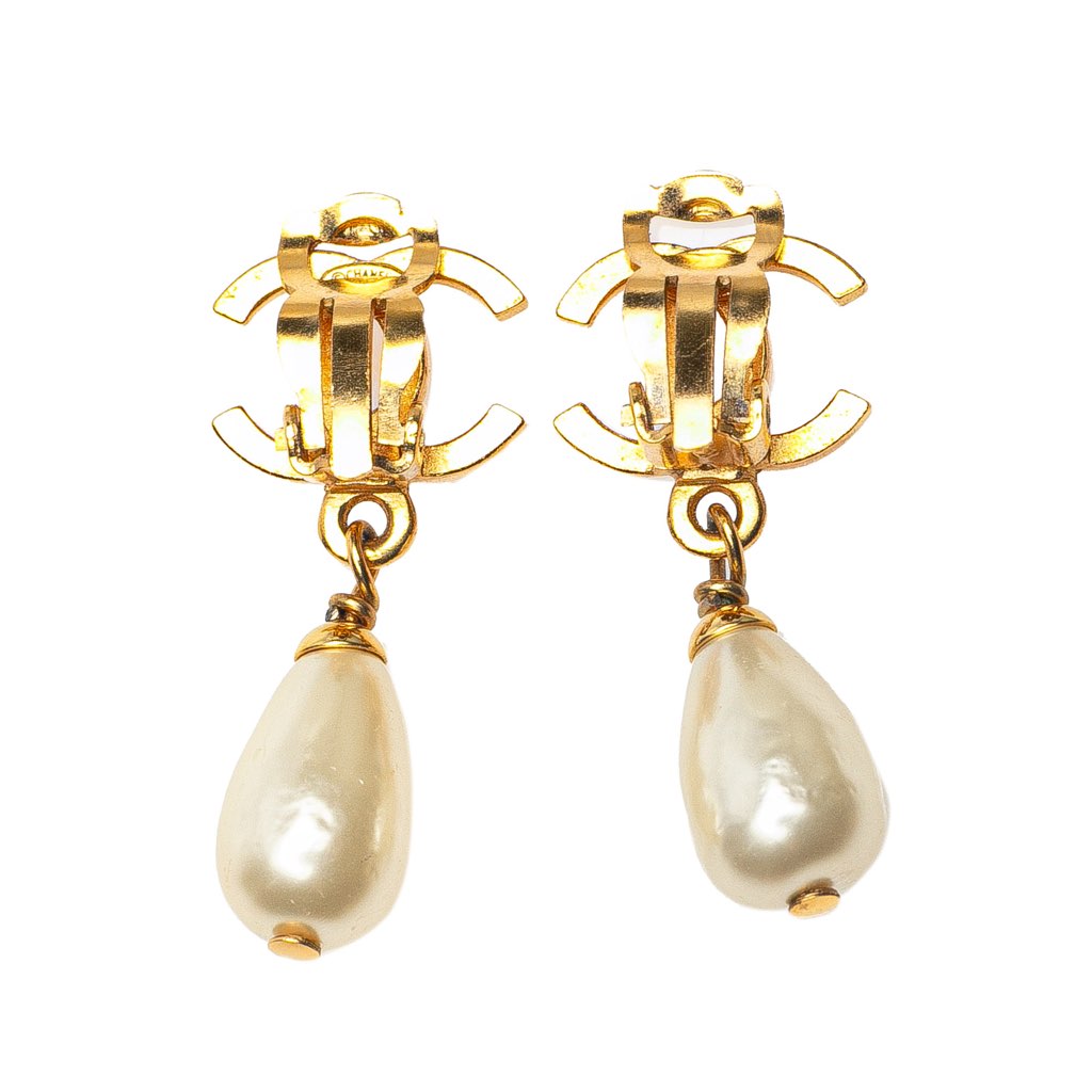 Chanel Gold Plated CC Faux Pearl Drop Clip on Earrings - 2