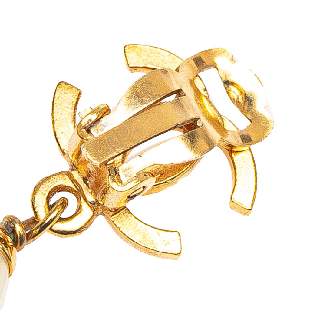 Chanel Gold Plated CC Faux Pearl Drop Clip on Earrings - 3