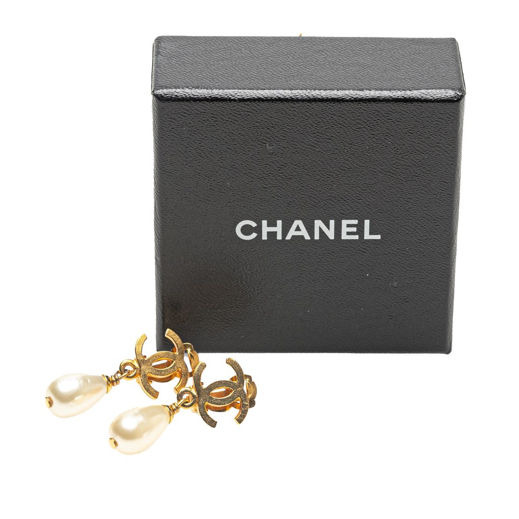 Chanel Gold Plated CC Faux Pearl Drop Clip on Earrings - 5