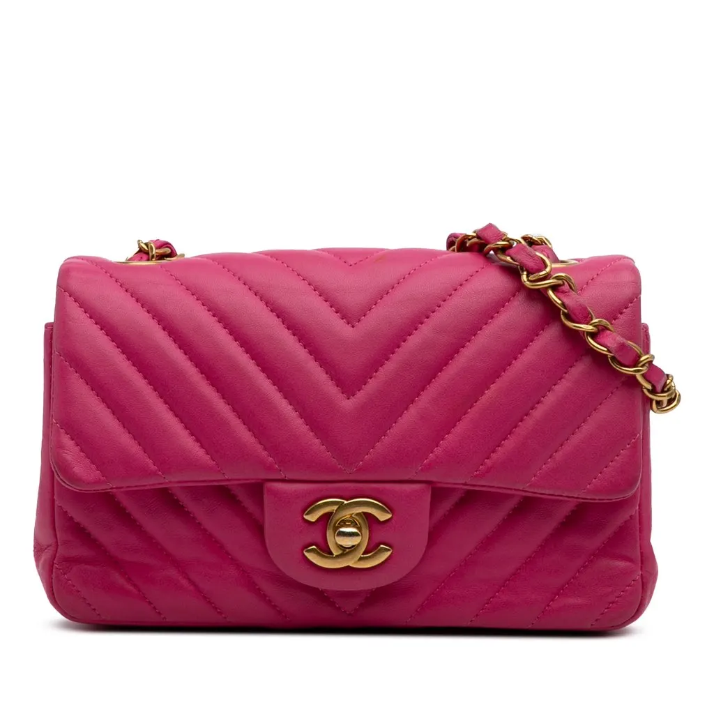 Chanel Mini Rectangular Classic Chevron Lambskin Single Flap Pink Leather Very good - Front View