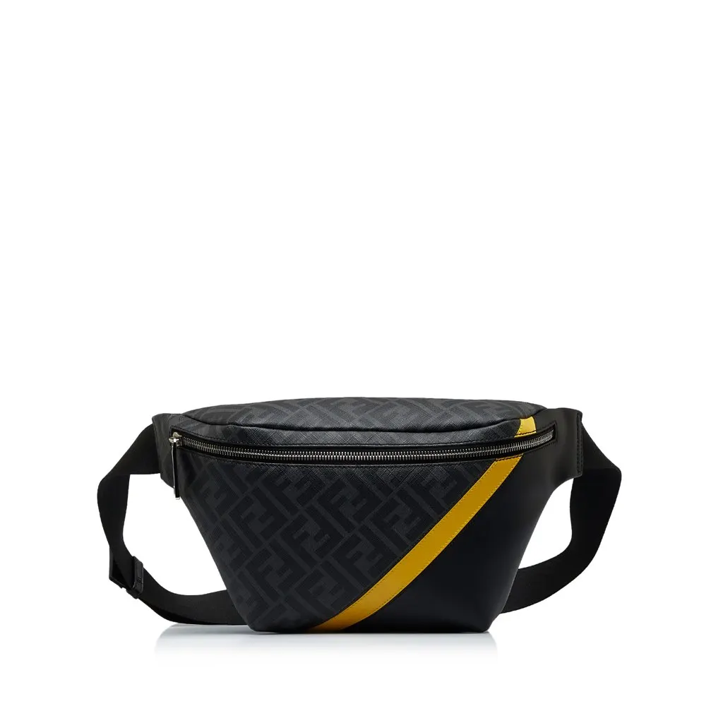 Fendi Zucca FF 1974 Diagonal Belt Bag Black Canvas Good - Front View