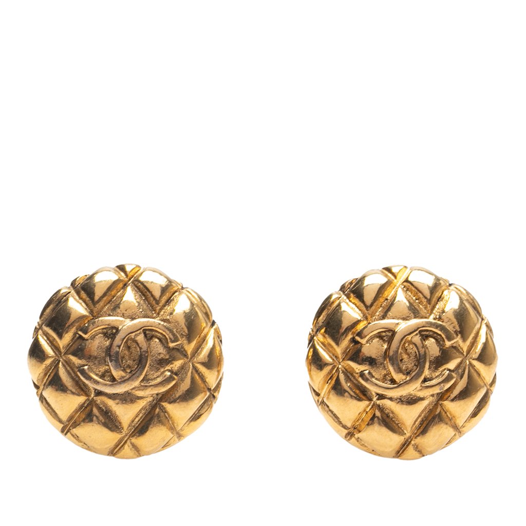 Chanel CC Gold Plated Quilted Round Clip On Earrings