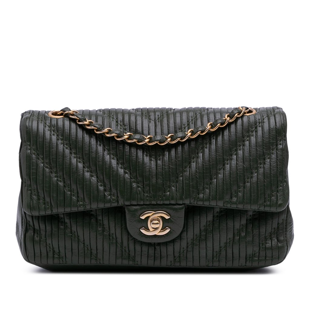 Chanel Medium Chevron Calfskin Coco Pleats Double Flap