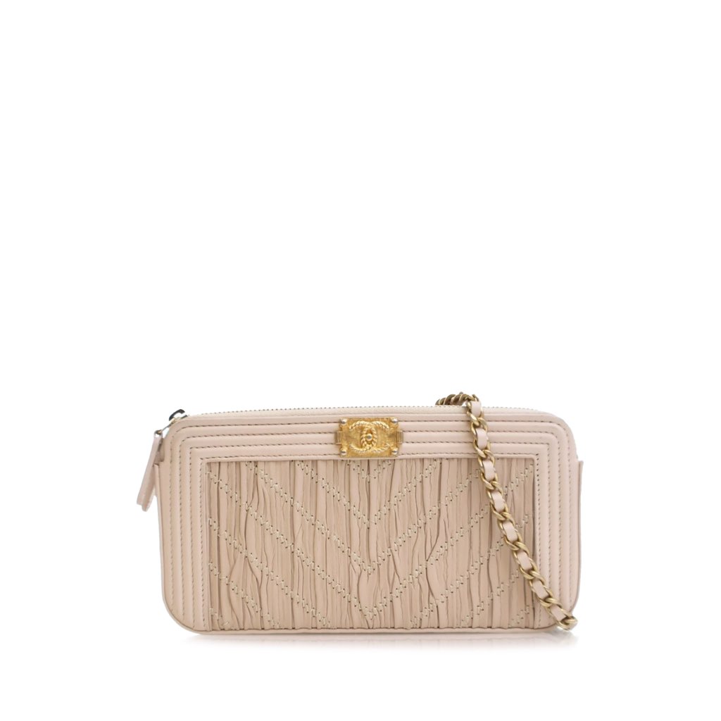 Chanel Small Chevron Crumpled Lambskin Boy Clutch With Chain