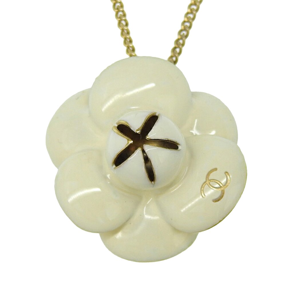 Chanel Enamel Gold Plated CC Camellia Pendant Necklace