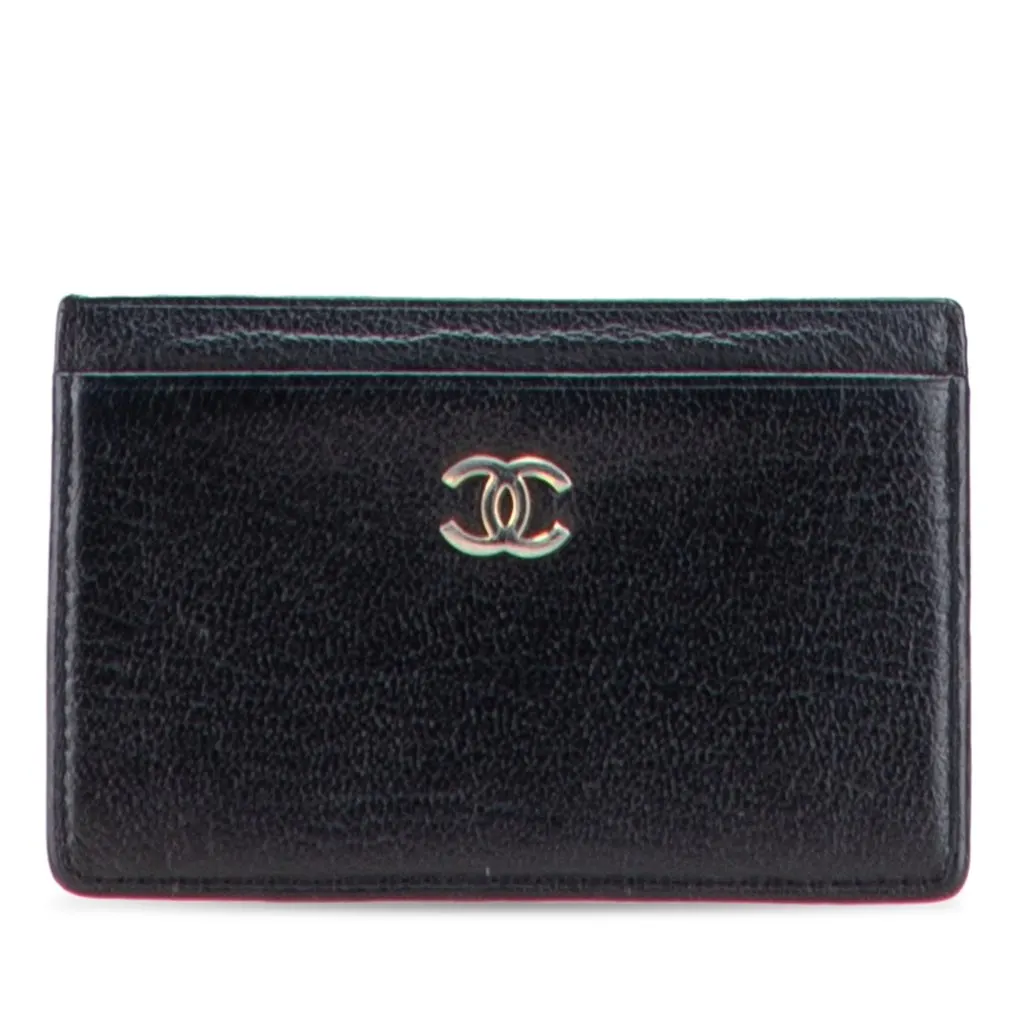 Chanel CC Goatskin Card Holder Black Leather Good - Front View