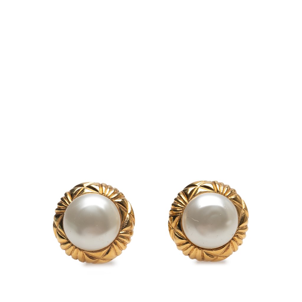 Chanel Gold Plated Round Faux Pearl Clip on Earrings