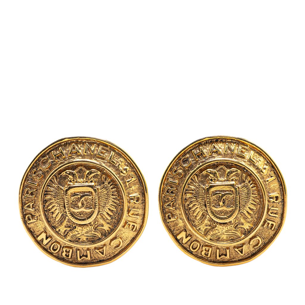 Chanel Gold Plated CC Round Shield Clip on Earrings