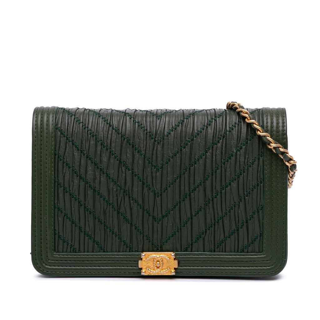 Chanel Chevron Quilted Crumpled Calfskin Boy Wallet On Chain