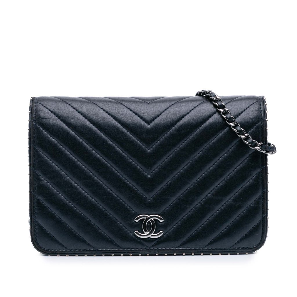 Chanel Chevron Lambskin Studded Wallet On Chain