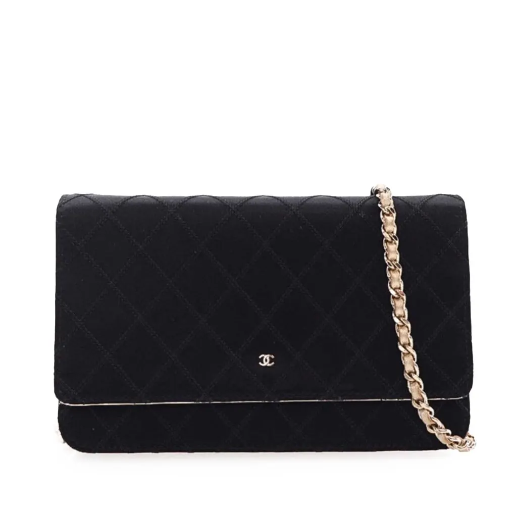Chanel Bicolor Satin Diamond Stitch Wallet On Chain Black Satin Good - Front View