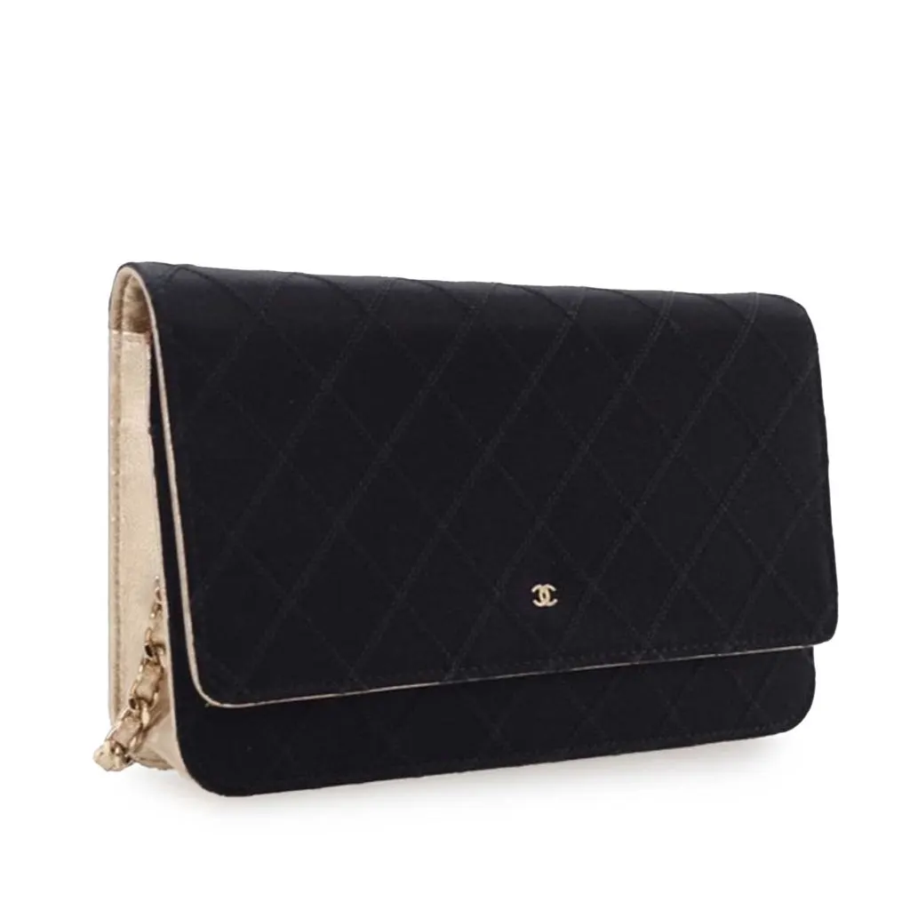 Chanel Bicolor Satin Diamond Stitch Wallet On Chain Black Satin Good - Inside View