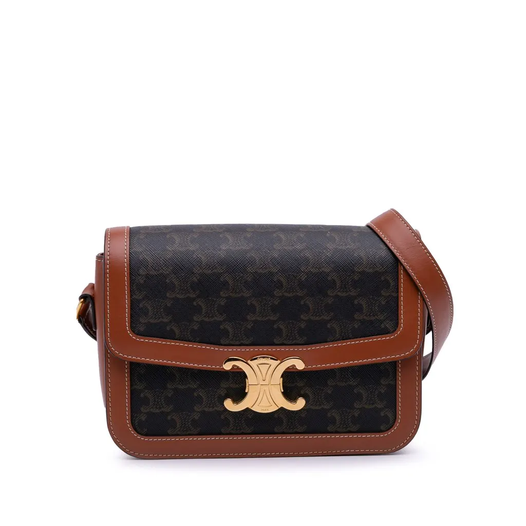 Celine Classique Triomphe Coated Canvas and Calfskin Triomphe Crossbody Brown Canvas Good - Front View