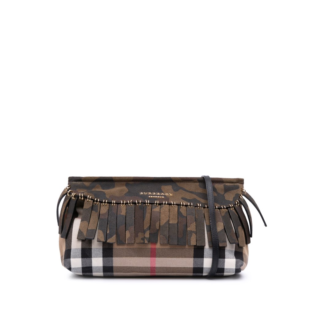Burberry House Check Canvas and Suede Camouflage Fringe Clutch with Strap