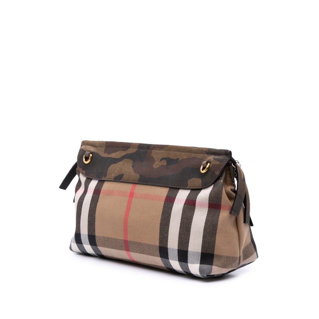 Burberry House Check Canvas and Suede Camouflage Fringe Clutch with Strap - Back view