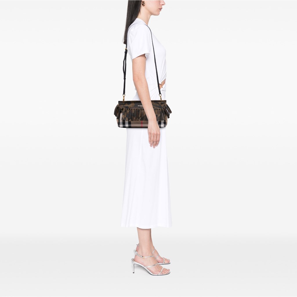 Burberry House Check Canvas and Suede Camouflage Fringe Clutch with Strap - Image 12